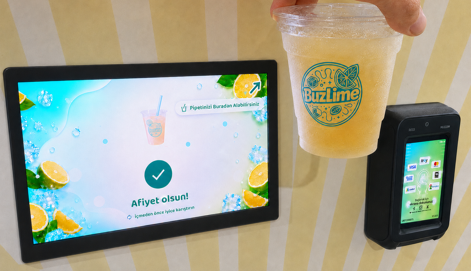 BuzLime otomatından çıkan içecek ve afiyet olsun ekranı