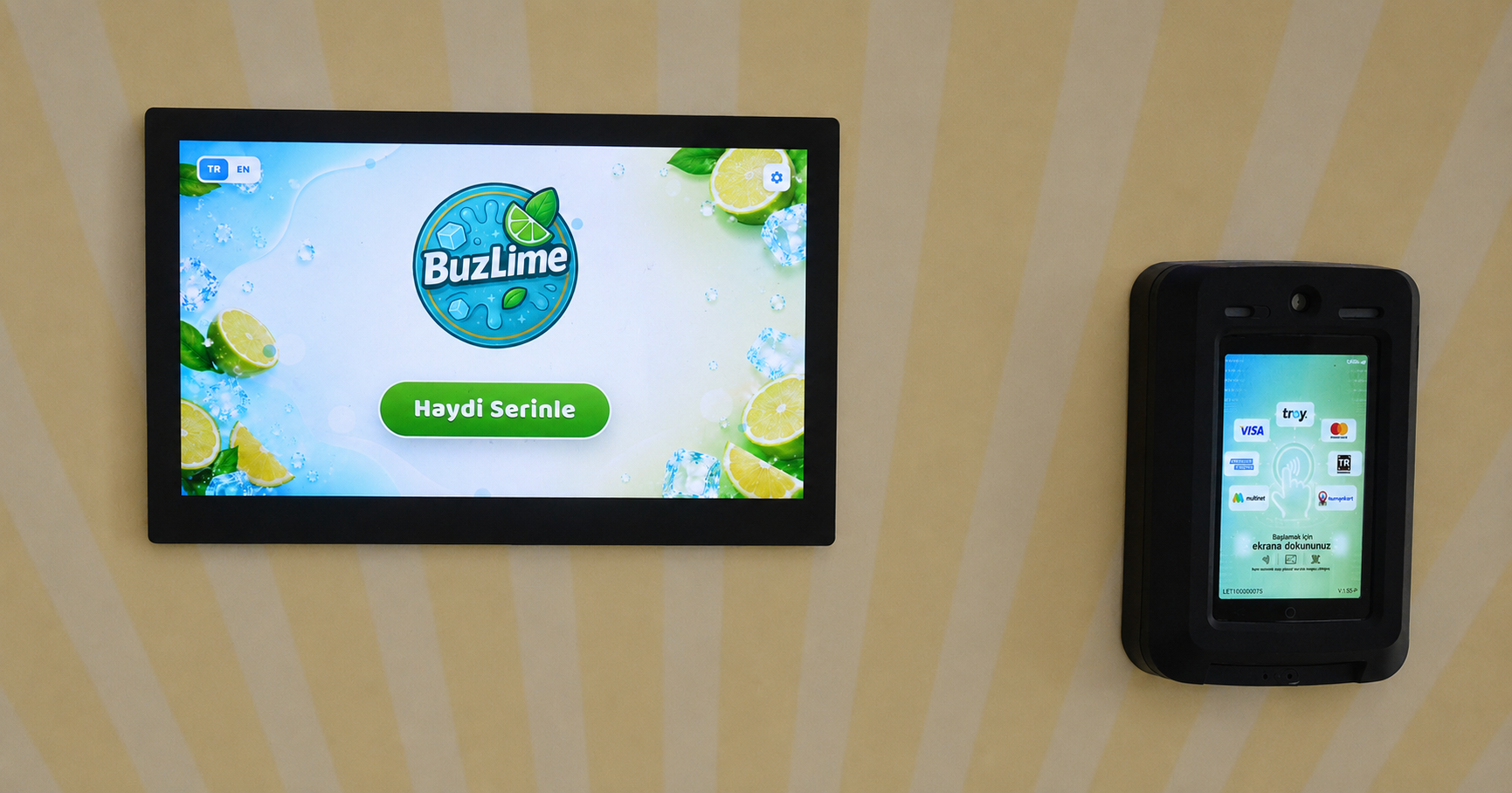 BuzLime otomatı başlangıç ekranı ve temassız ödeme terminali